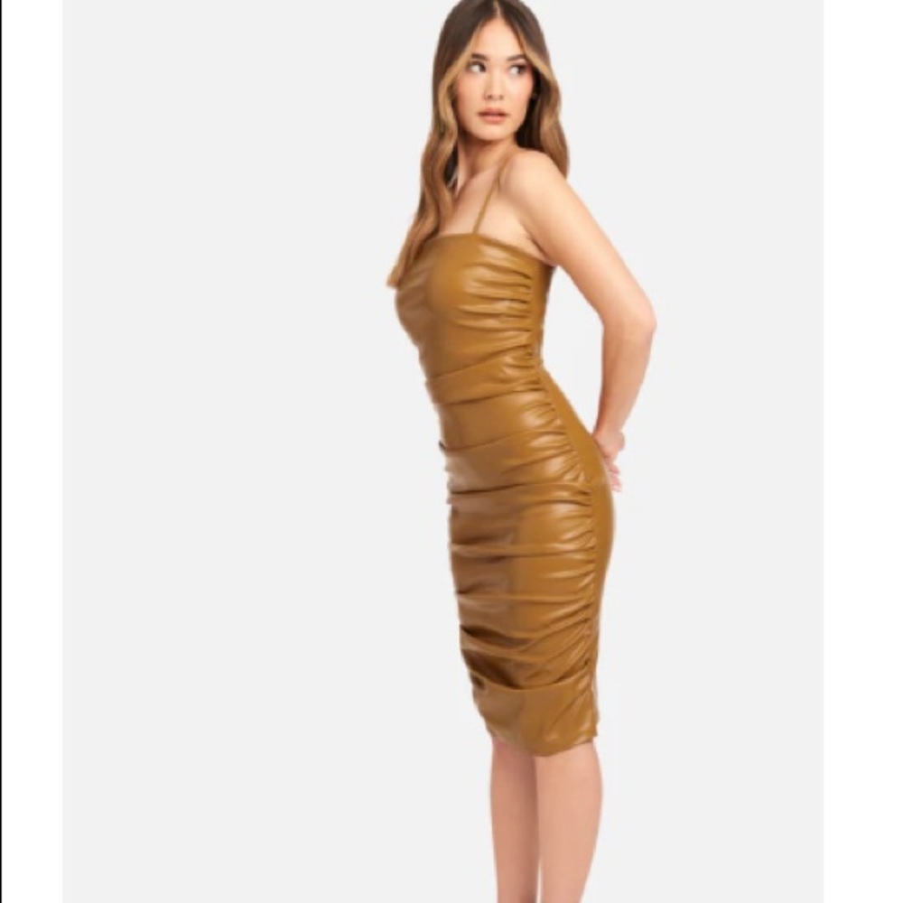 RUCHED MIDI FAUX LEATHER DRESS